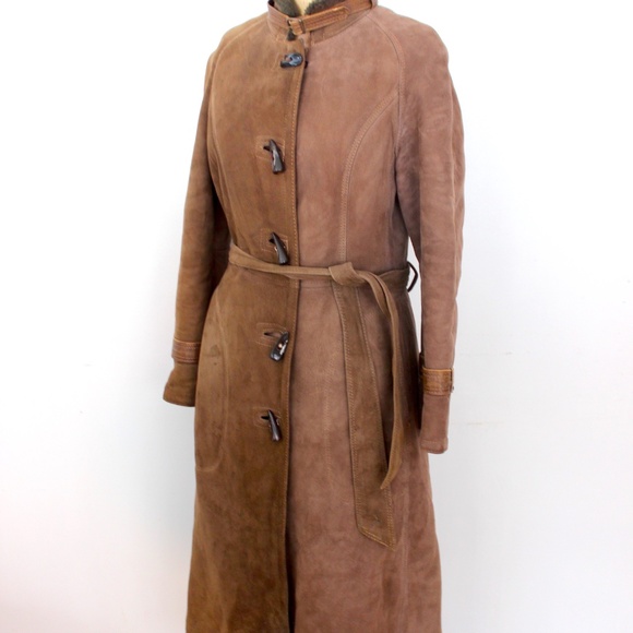 1970s shearling sheepskin tan brown fur coat maxi length manteau mouton - Picture 5 of 16